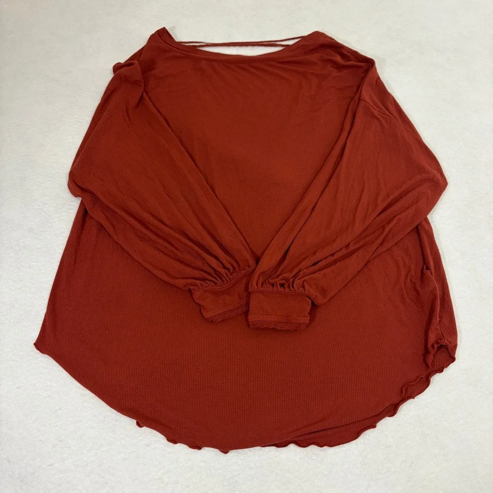 Free People Check On It Wrap Top Small Ribbed VNeck Long Sleeve Red/Burnt Orange